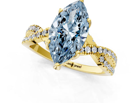Yellow gold Fancy Blue Marquise Cut Solitaire Twist Pave Diamond Engagement Ring with Prong Setting_1