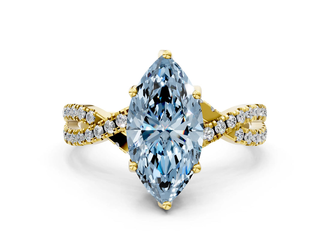 Yellow gold Fancy Blue Marquise Cut Solitaire Twist Pave Diamond Engagement Ring with Prong Setting_36