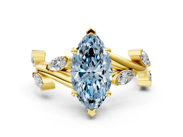 Yellow gold Fancy Blue Marquise Cut Solitaire Twisted Band Marquise Accent Prong Setting Ring