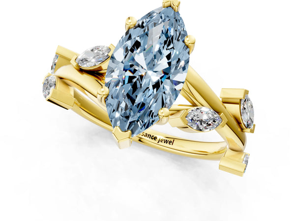 Yellow gold Fancy Blue Marquise Cut Solitaire Twisted Band Marquise Accent Prong Setting Ring