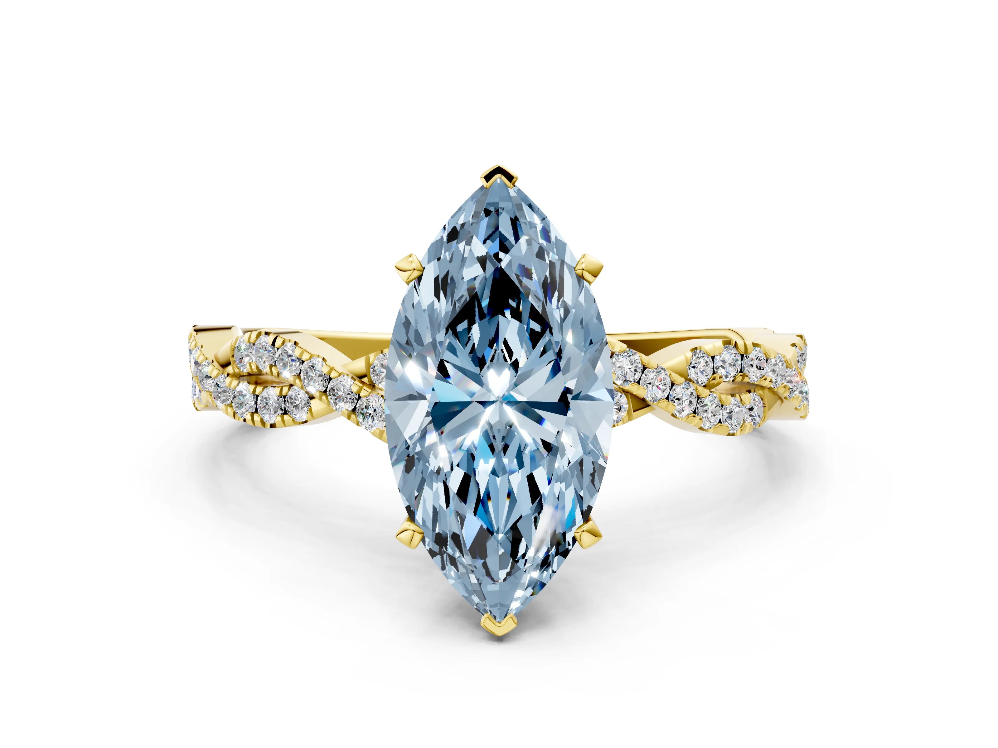 Yellow gold Fancy Blue Marquise Cut Solitaire Twisted Pave Band with Four-Prong Setting_3