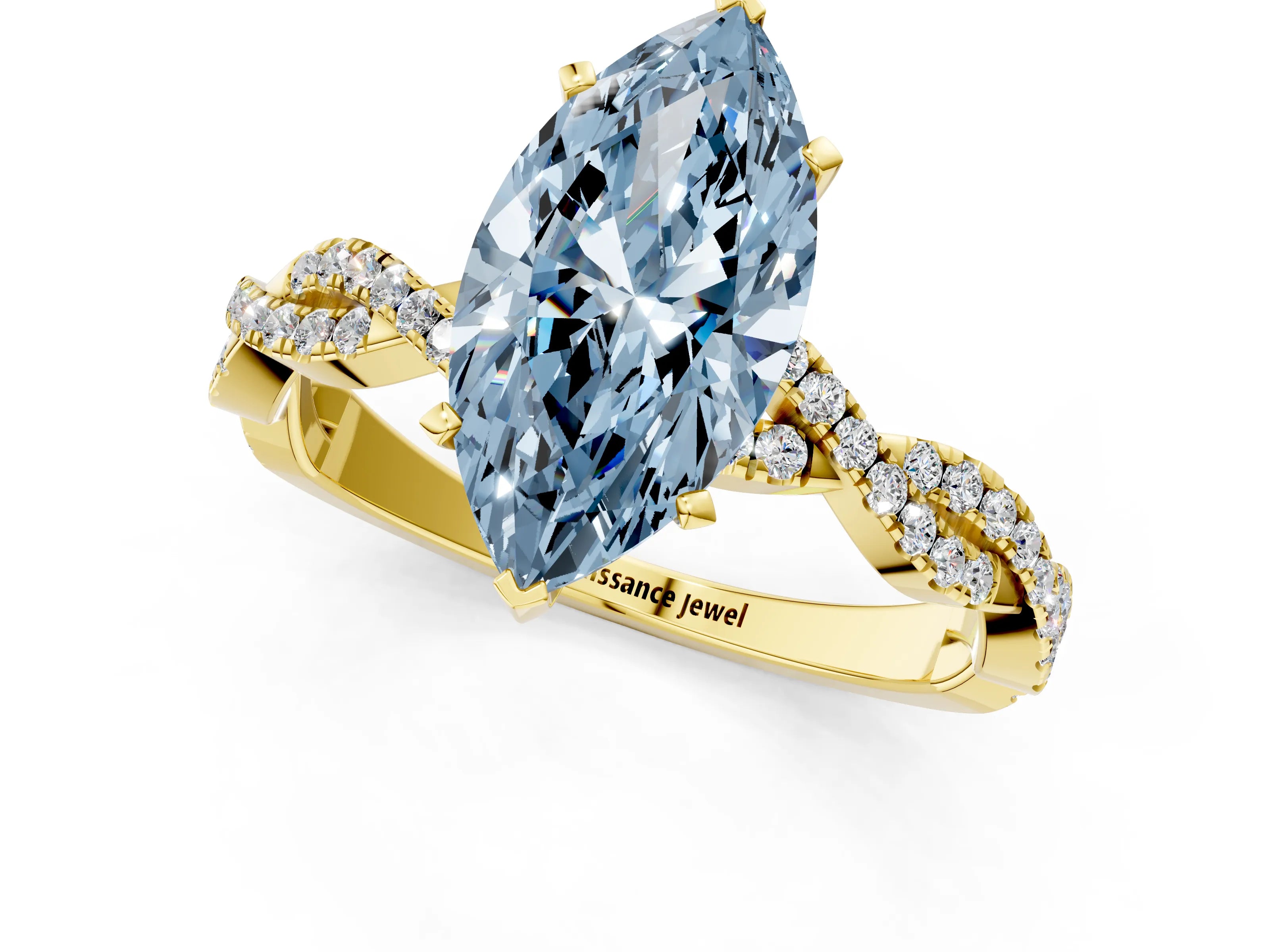 Yellow gold Fancy Blue Marquise Cut Solitaire Twisted Pave Band with Four-Prong Setting_4