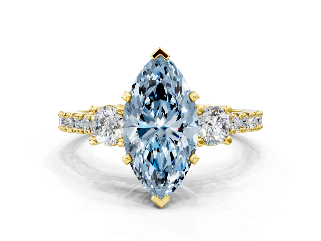 Yellow gold Fancy Blue Marquise  Cut Three-Stone Diamond Pavé Band with Prong Setting_17