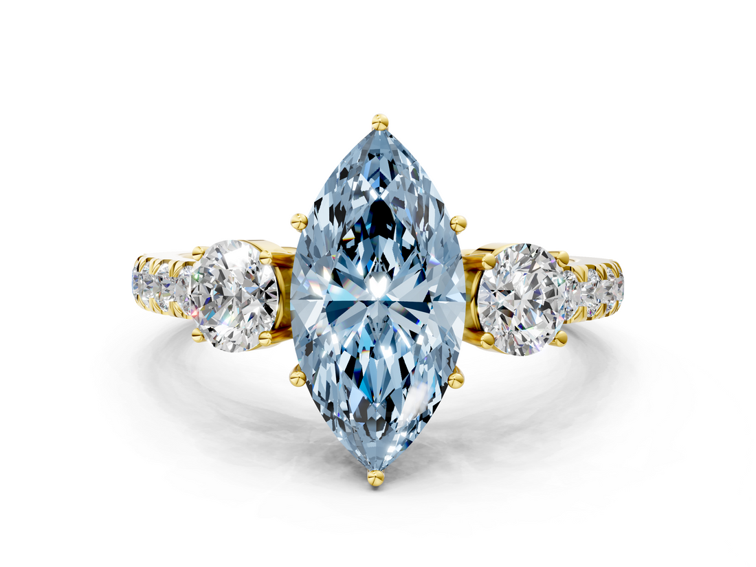 Yellow gold Fancy Blue Marquise  Cut Three-Stone Diamond Pave Band with Prong Setting_36