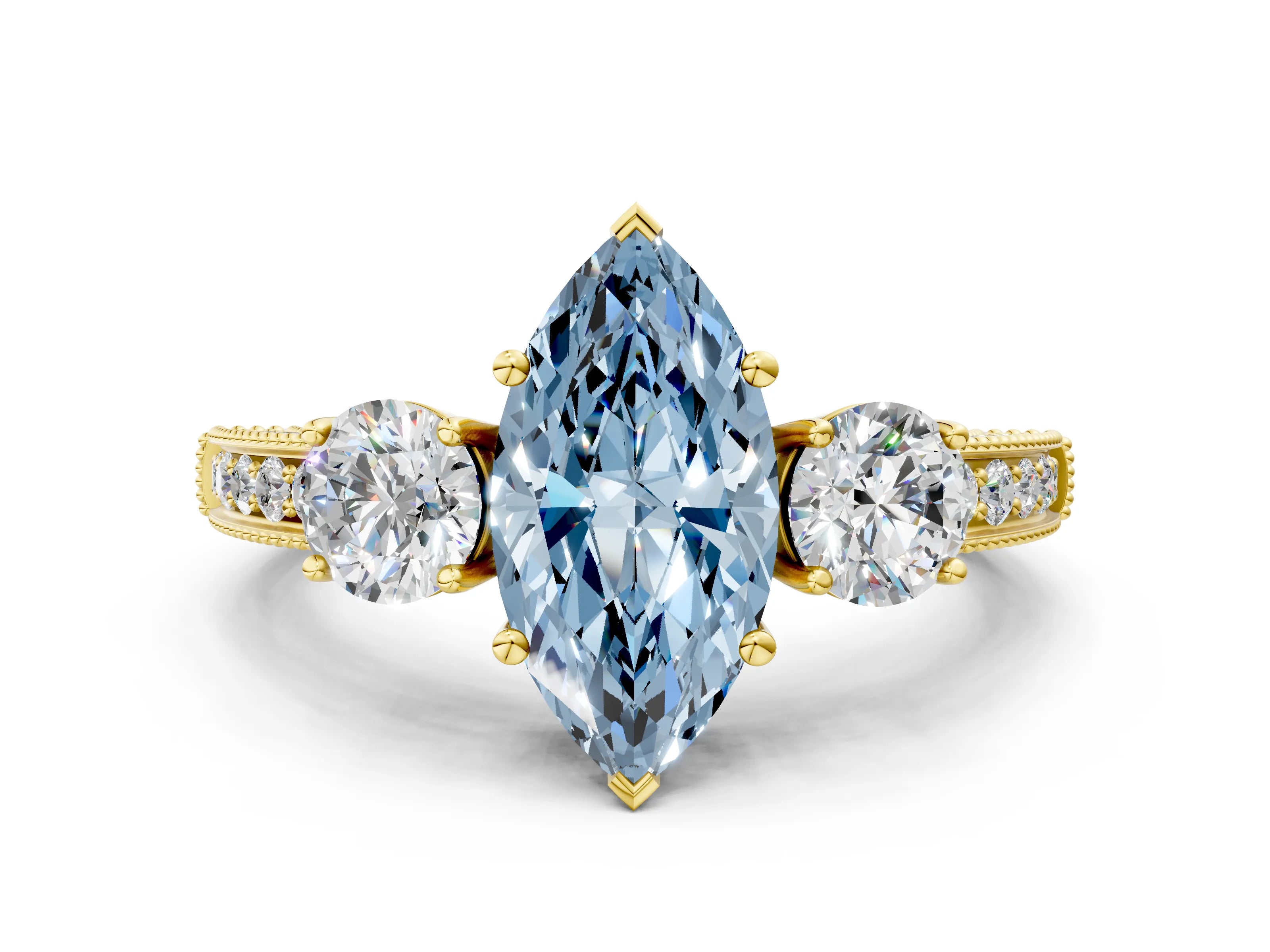 Yellow gold Fancy Blue Marquise Cut Three-Stone Diamond Ring with Pavé Band and Four-Prong Setting