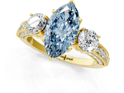 Yellow gold Fancy Blue Marquise Cut Three-Stone Diamond Ring with Pavé Band and Four-Prong Setting_1