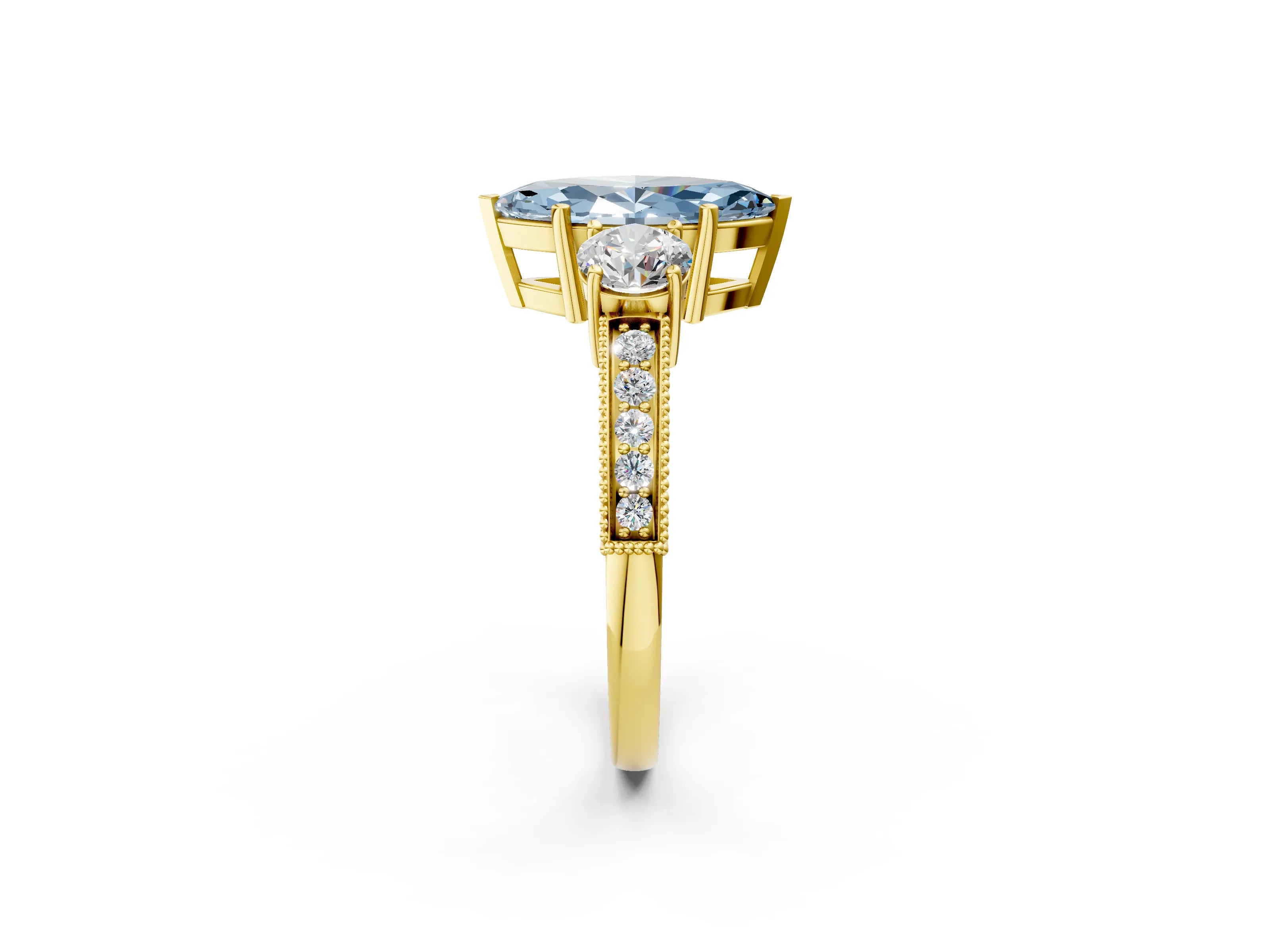Yellow gold Fancy Blue Marquise Cut Three-Stone Diamond Ring with Pavé Band and Four-Prong Setting_2