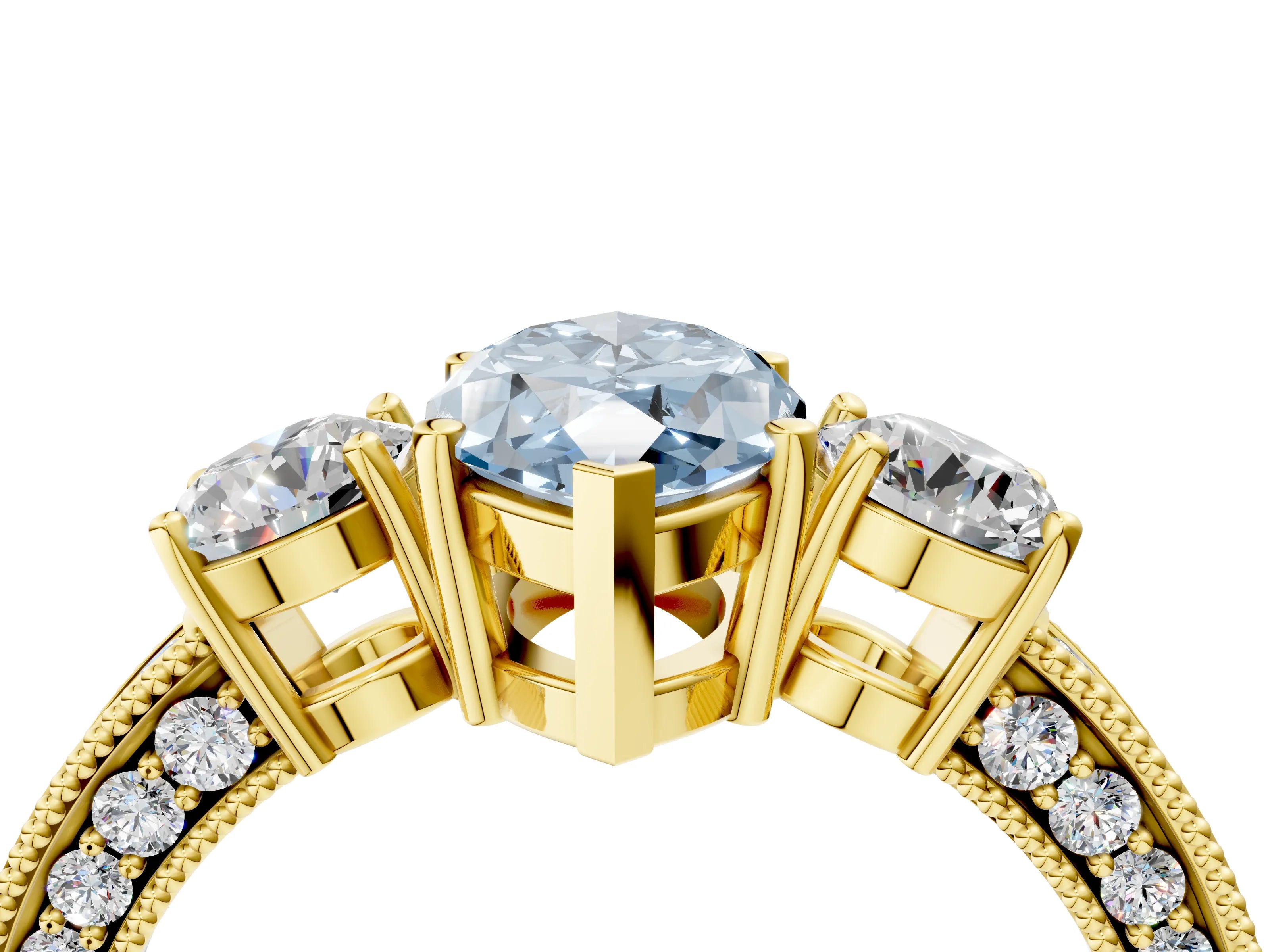 Yellow gold Fancy Blue Marquise Cut Three-Stone Diamond Ring with Pavé Band and Four-Prong Setting_4