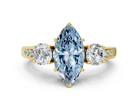 Yellow gold Fancy Blue Marquise Cut Three-Stone Diamond Ring with Pavé Band and Four-Prong Setting