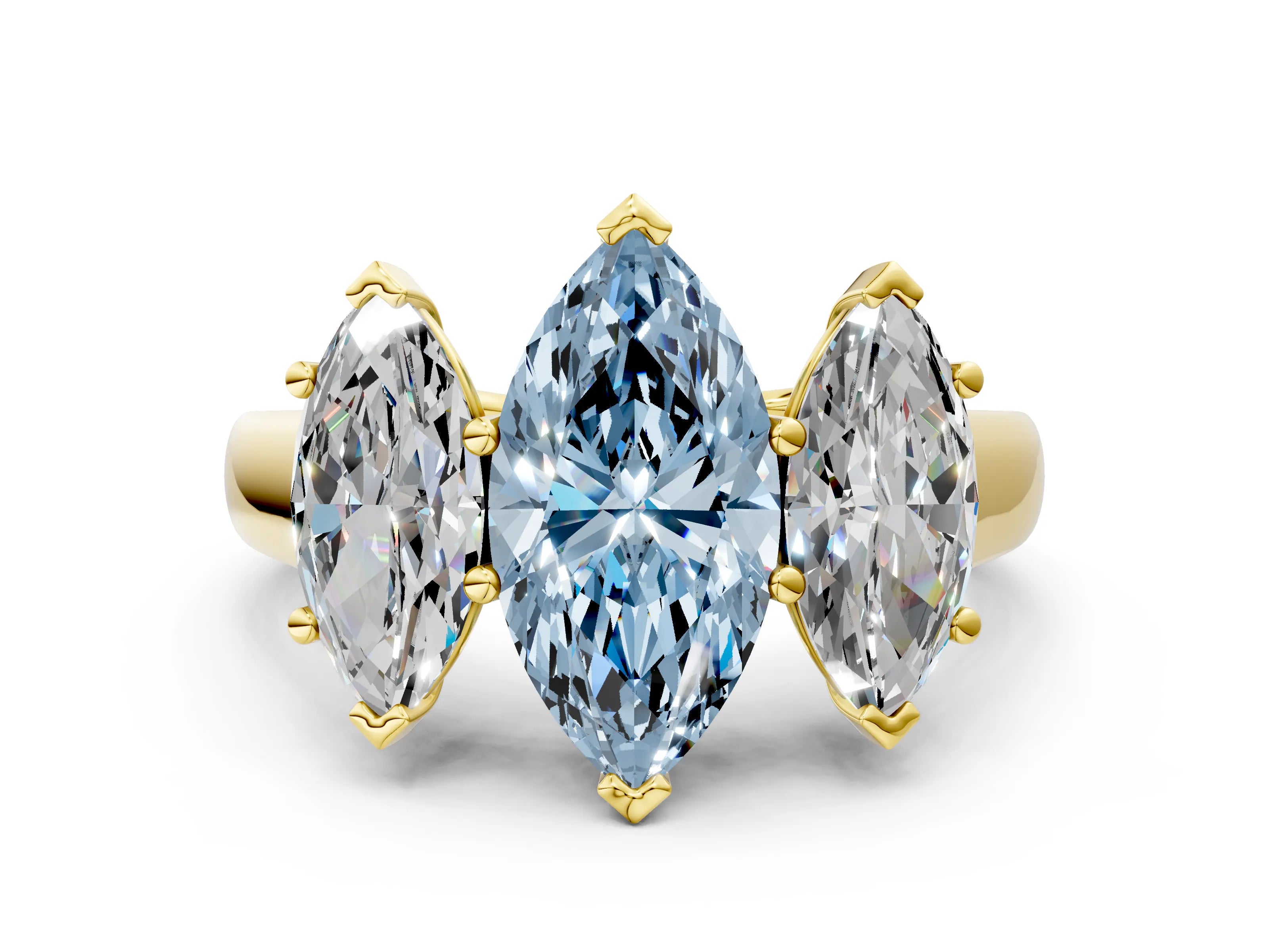 Yellow gold Fancy Blue Marquise Cut Three-Stone Diamond Ring with Prong Setting on a Classic Band