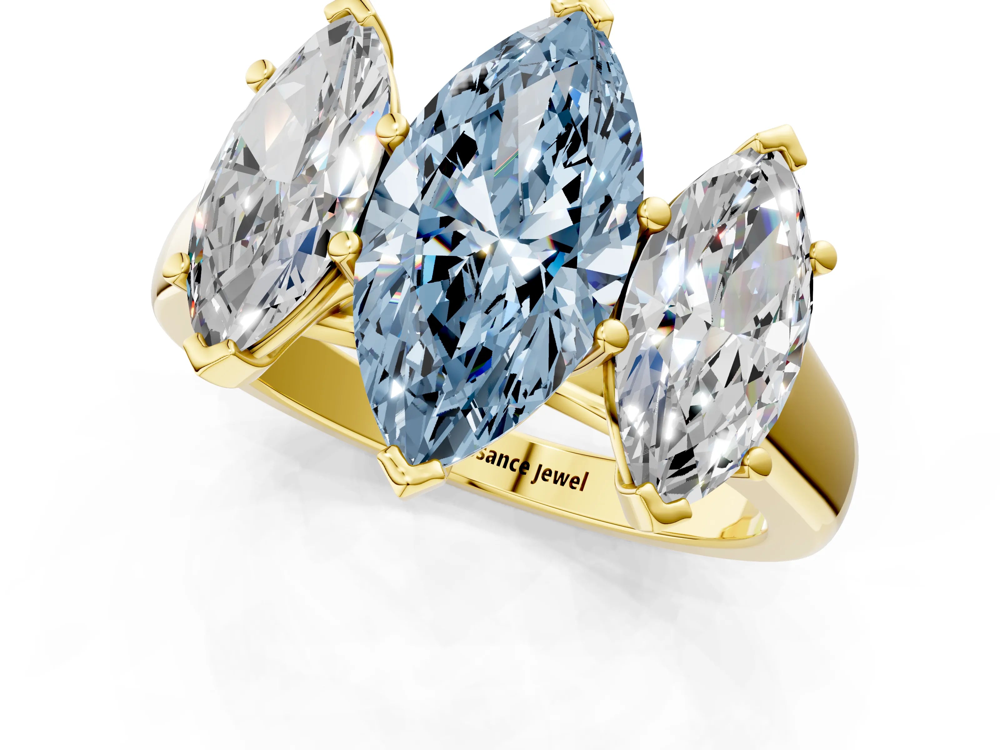 Yellow gold Fancy Blue Marquise Cut Three-Stone Diamond Ring with Prong Setting on a Classic Band_1