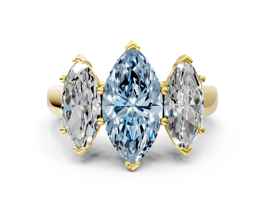 Yellow gold Fancy Blue Marquise Cut Three-Stone Diamond Ring with Prong Setting on a Classic Band_12
