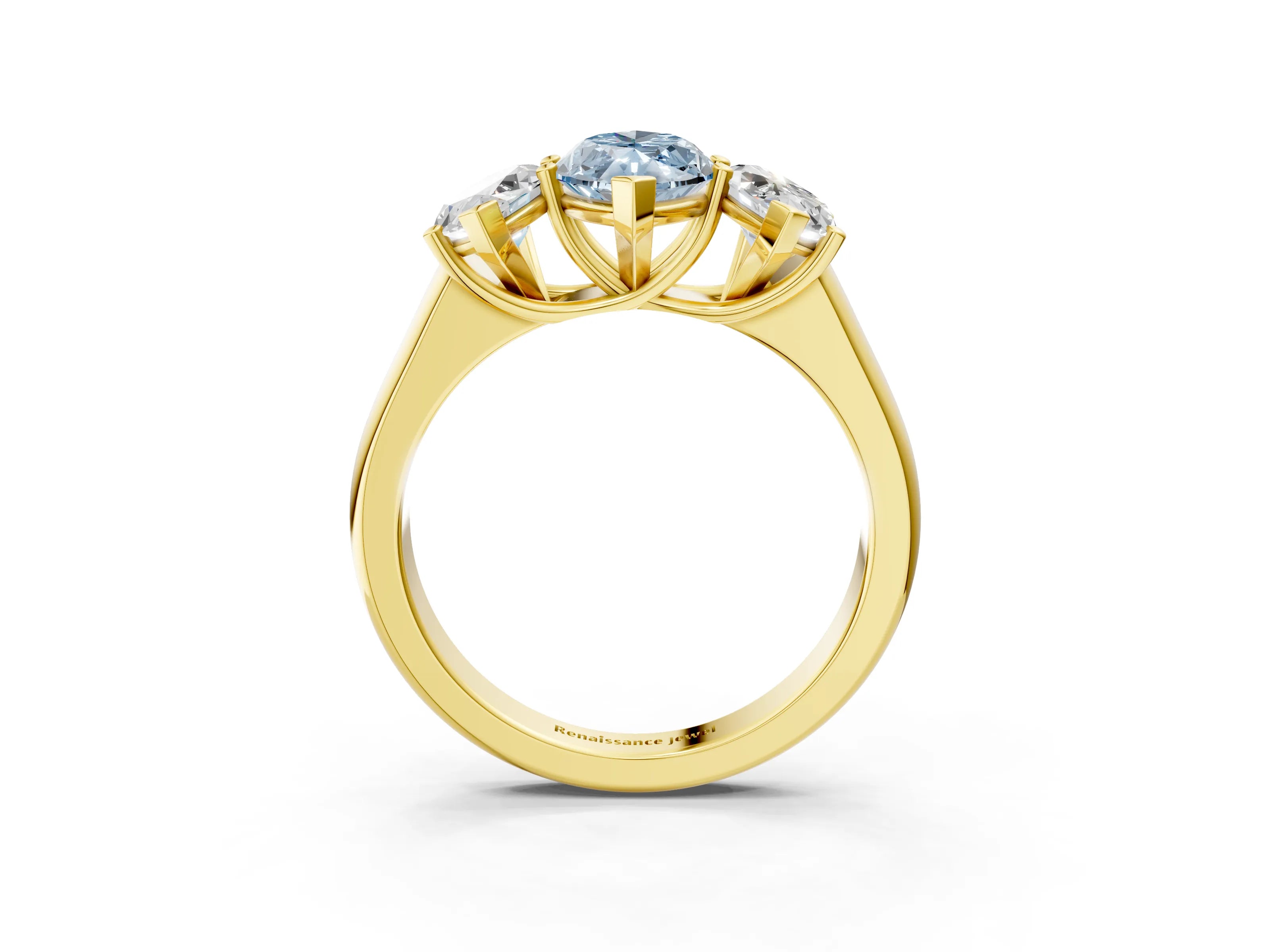 Yellow gold Fancy Blue Marquise Cut Three-Stone Diamond Ring with Prong Setting on a Classic Band_3
