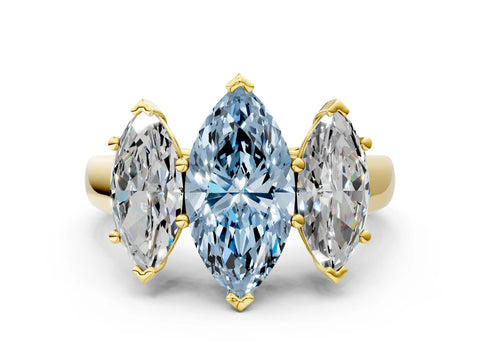 Yellow gold Fancy Blue Marquise Cut Three-Stone Diamond Ring with Prong Setting on a Classic Band