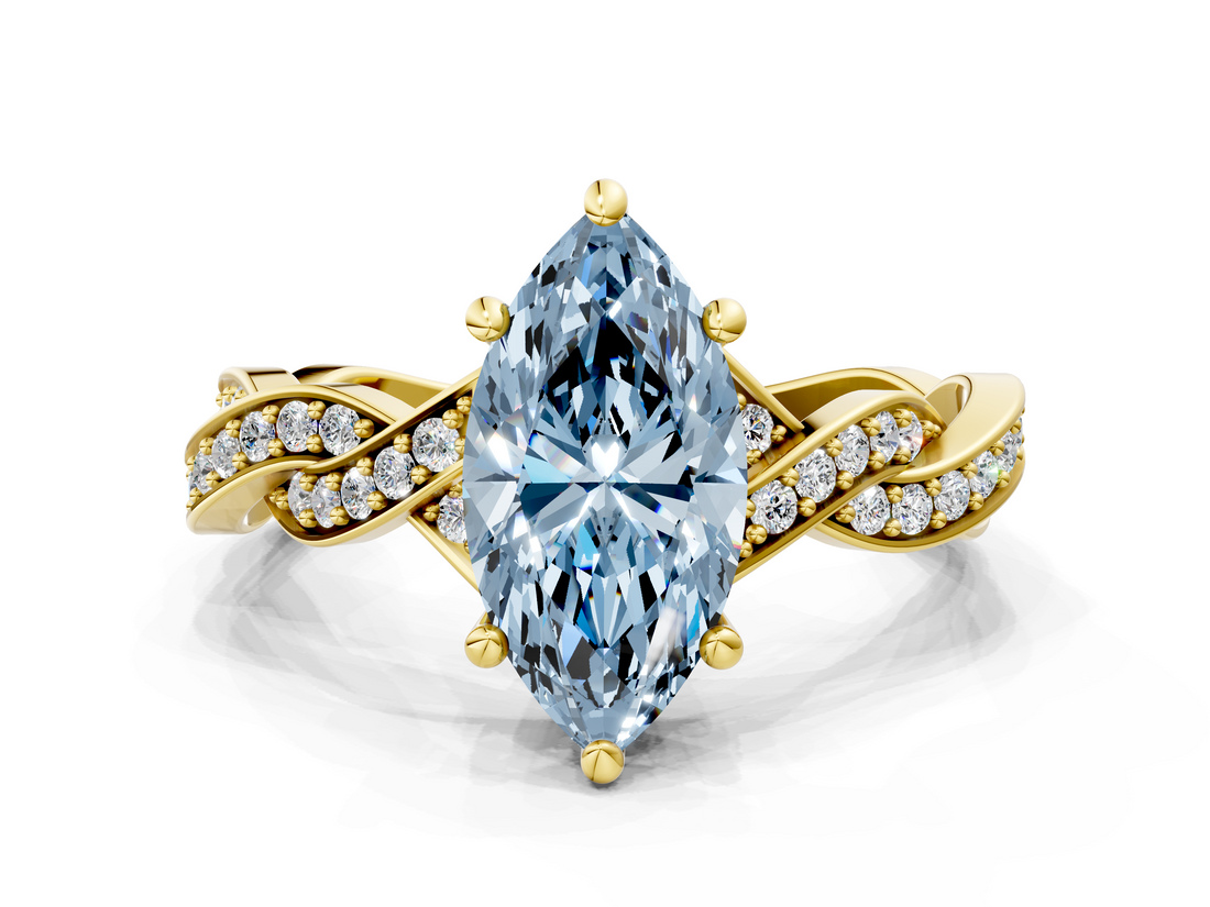 Yellow gold Fancy Blue Marquise  Cut Twisted Pavé Band Solitaire Ring with Four-Prong Setting_55