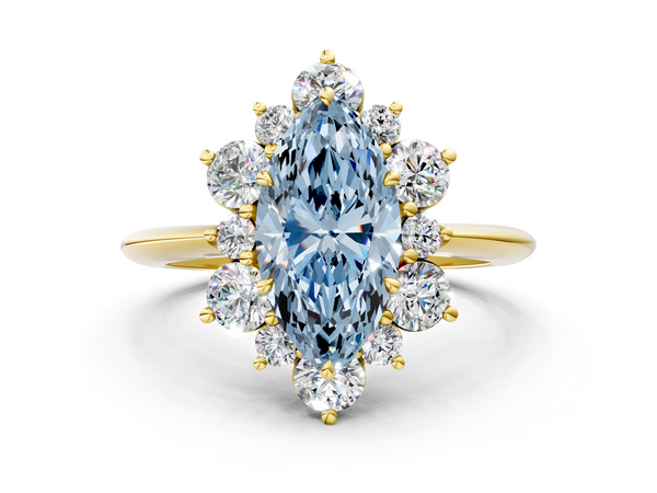 Yellow gold Fancy Blue Marquise  Diamond Cluster Halo Ring with Solitaire Band and Four-Prong Setting