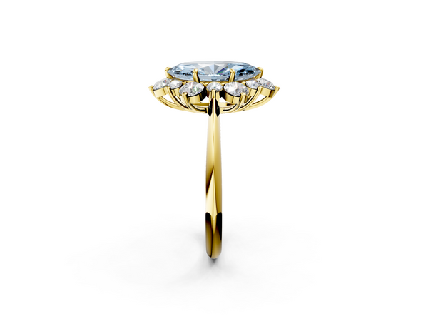 Yellow gold Fancy Blue Marquise  Diamond Cluster Halo Ring with Solitaire Band and Four-Prong Setting
