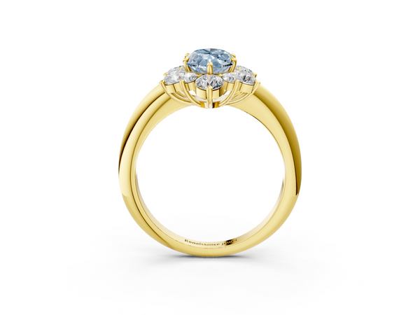 Yellow gold Fancy Blue Marquise  Diamond Cluster Halo Ring with Solitaire Band and Four-Prong Setting