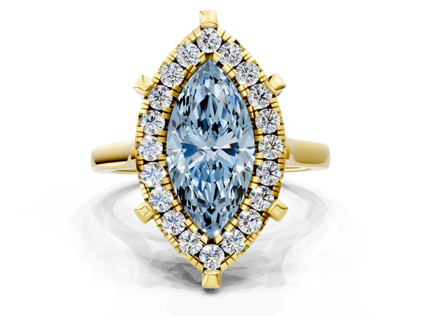 Yellow gold Fancy Blue Marquise  Diamond Cluster Halo Solitaire with Four-Prong Setting