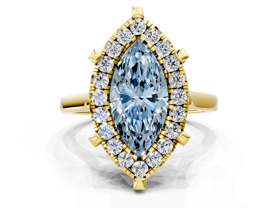 Yellow gold Fancy Blue Marquise  Diamond Cluster Halo Solitaire with Four-Prong Setting