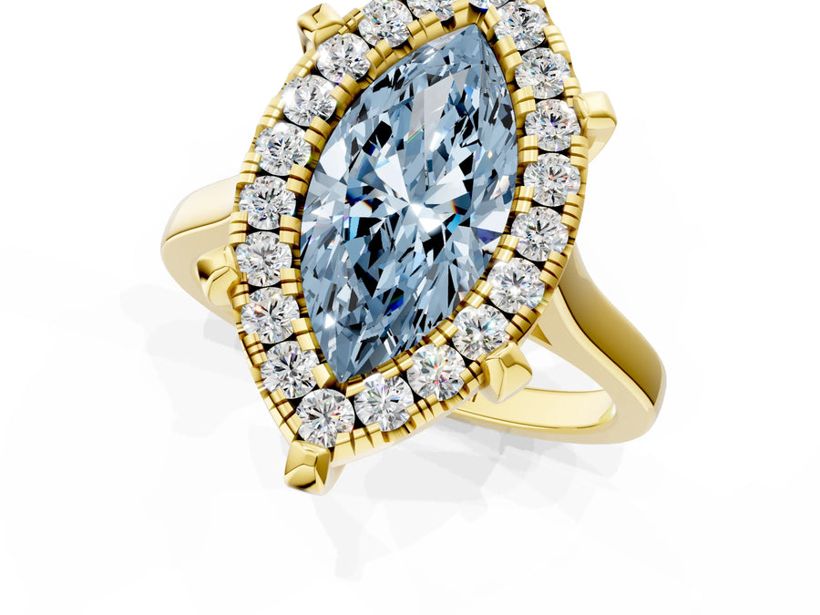Yellow gold Fancy Blue Marquise  Diamond Cluster Halo Solitaire with Four-Prong Setting