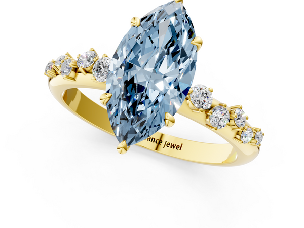 Yellow gold Fancy Blue Marquise  Diamond Cluster Prong-Set Solitaire Ring