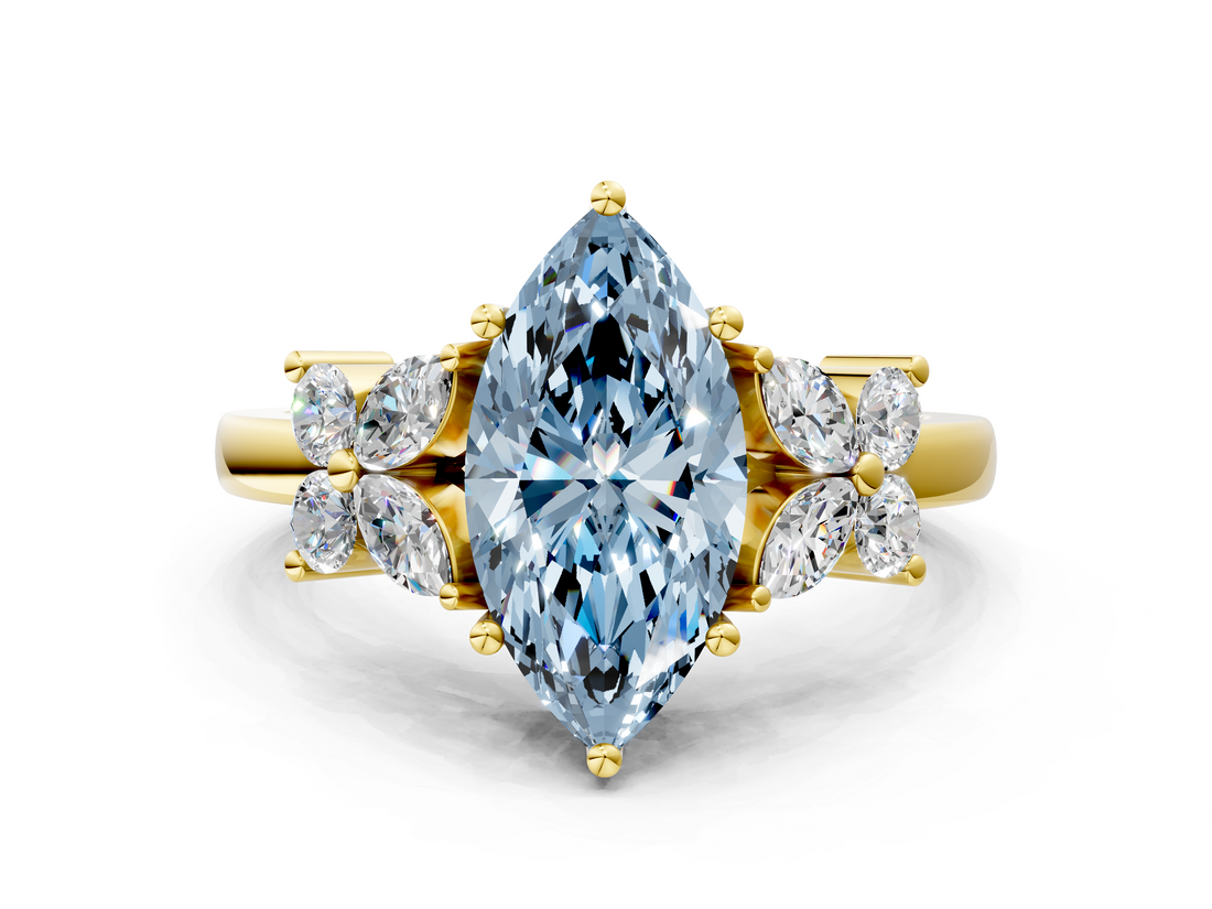 Yellow gold Fancy Blue Marquise  Diamond Floral Cluster Ring with Solitaire Band and Prong Setting_26