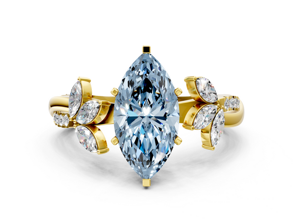 Yellow gold Fancy Blue Marquise  Diamond Floral Vine Solitaire Engagement Ring