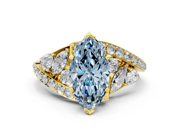 Yellow gold Fancy Blue Marquise  Diamond Halo Ring with Marquise and Pavé Band in Prong Setting