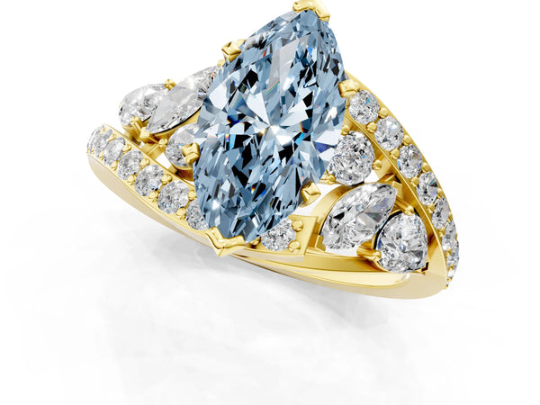 Yellow gold Fancy Blue Marquise  Diamond Halo Ring with Marquise and Pavé Band in Prong Setting
