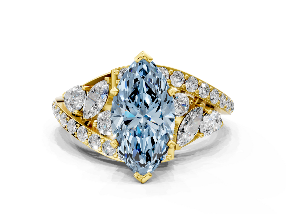 Yellow gold Fancy Blue Marquise  Diamond Halo Ring with Marquise and Pavé Band in Prong Setting_56