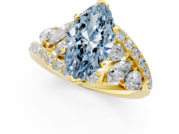 Yellow gold Fancy Blue Marquise  Diamond Halo Ring with Marquise and Pavé Band in Prong Setting
