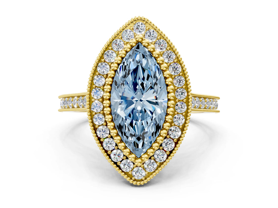 Yellow gold Fancy Blue Marquise  Diamond Halo Ring with Milgrain Frame and Pavé Band