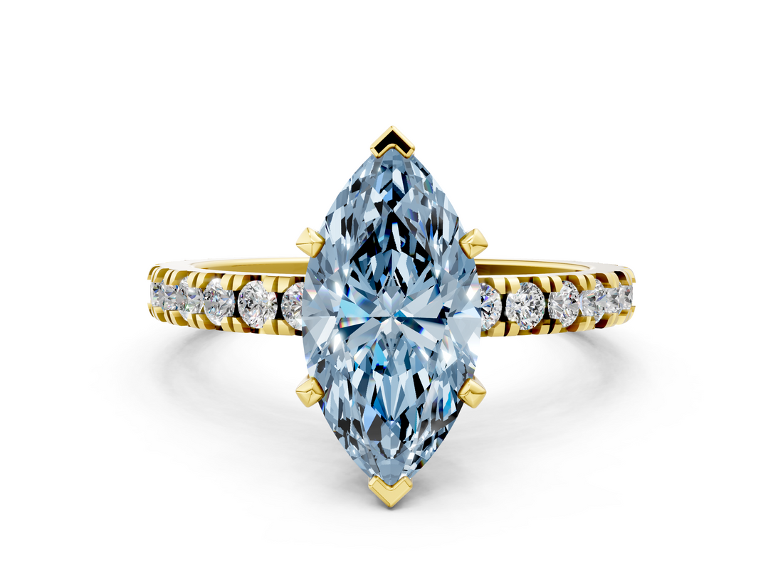 Yellow gold Fancy Blue Marquise  Diamond Pavé Band Solitaire with Four-Prong Setting_196