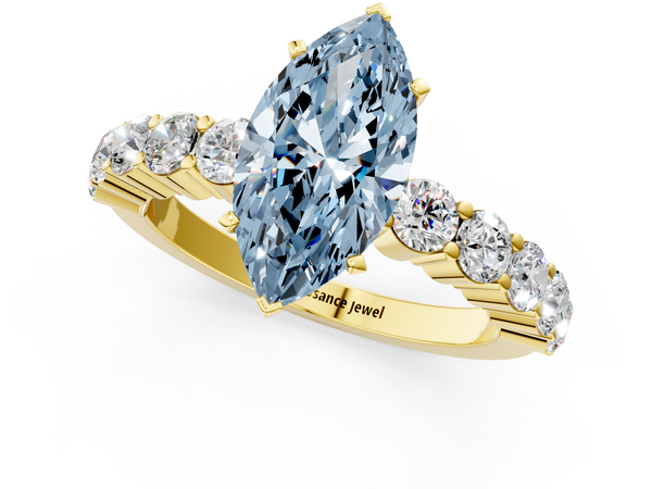 Yellow gold Fancy Blue Marquise  Diamond Solitaire Ring with Shared Prong Round Side Stones