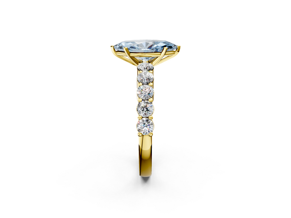 Yellow gold Fancy Blue Marquise  Diamond Solitaire Ring with Shared Prong Round Side Stones