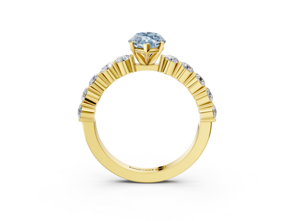 Yellow gold Fancy Blue Marquise  Diamond Solitaire Ring with Shared Prong Round Side Stones