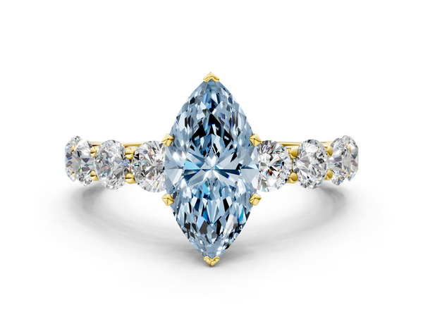 Yellow gold Fancy Blue Marquise Cut Diamond Prong Setting with Side Stones on a Pave Band