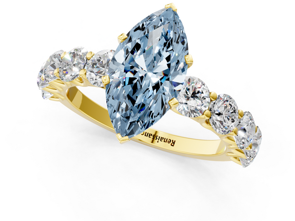 Yellow gold Fancy Blue Marquise Cut Diamond Prong Setting with Side Stones on a Pave Band