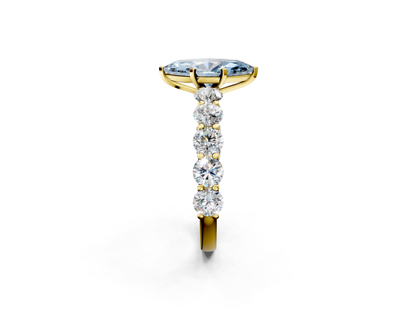 Yellow gold Fancy Blue Marquise Cut Diamond Prong Setting with Side Stones on a Pave Band