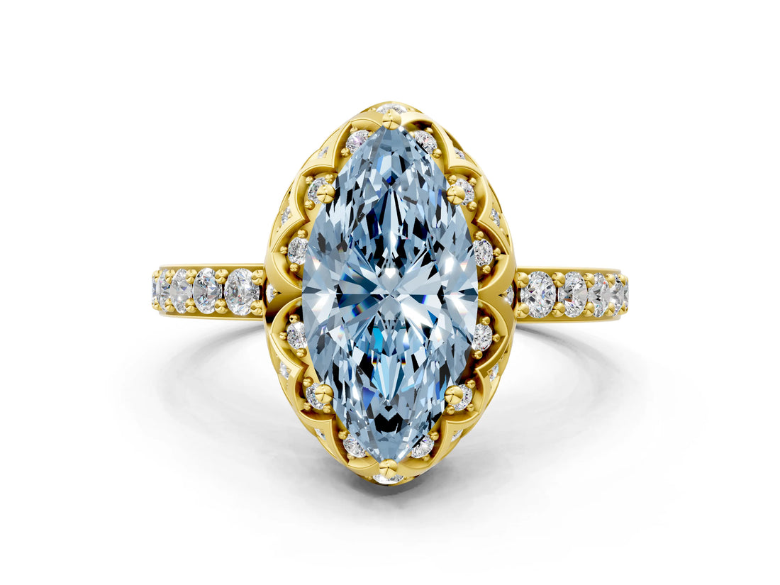 Yellow gold Fancy Blue Marquise  Diamond Solitaire Ring with Shared Prong Pavé Band_62