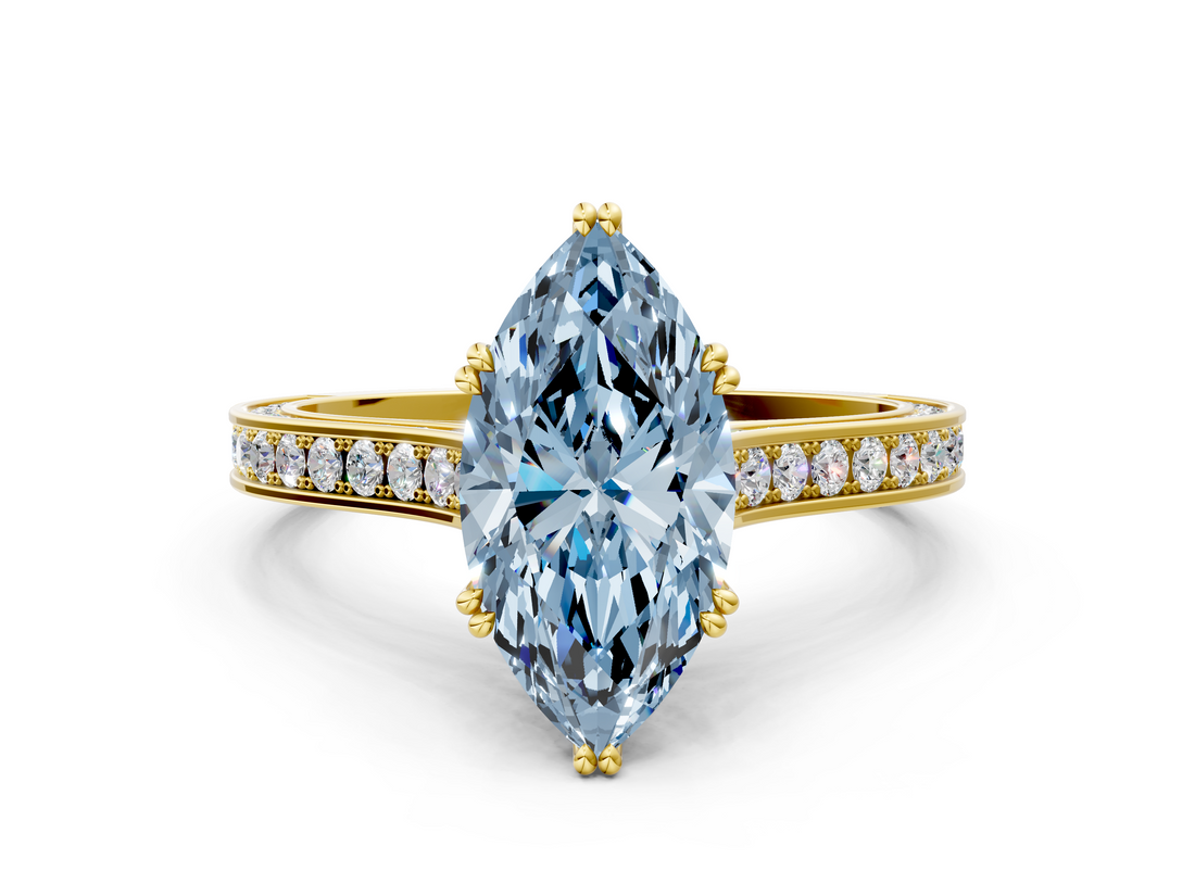 Yellow gold Fancy Blue Marquise  Diamond Solitaire with Pave Band and Six-Prong Setting_20
