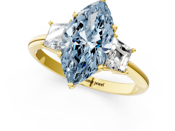 Yellow gold Fancy Blue Marquise  Diamond Three-Stone Ring with Trapezoid Side Stones and Prong Setting