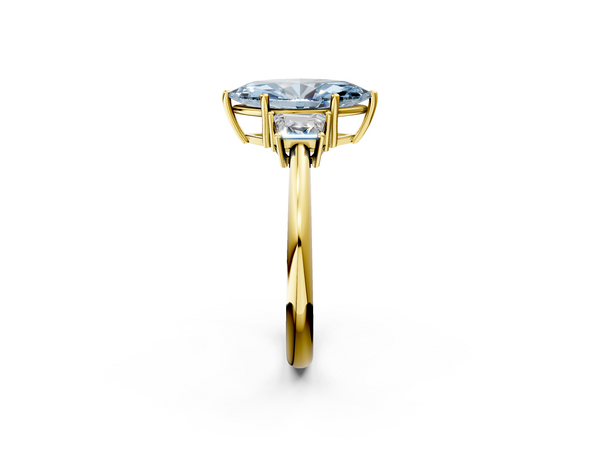 Yellow gold Fancy Blue Marquise  Diamond Three-Stone Ring with Trapezoid Side Stones and Prong Setting