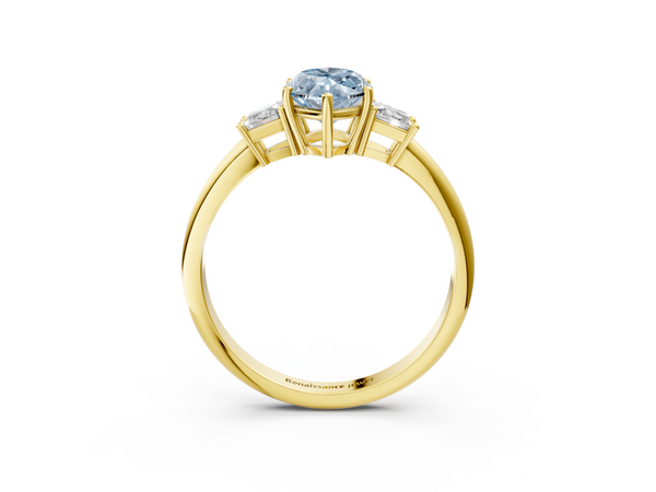 Yellow gold Fancy Blue Marquise  Diamond Three-Stone Ring with Trapezoid Side Stones and Prong Setting