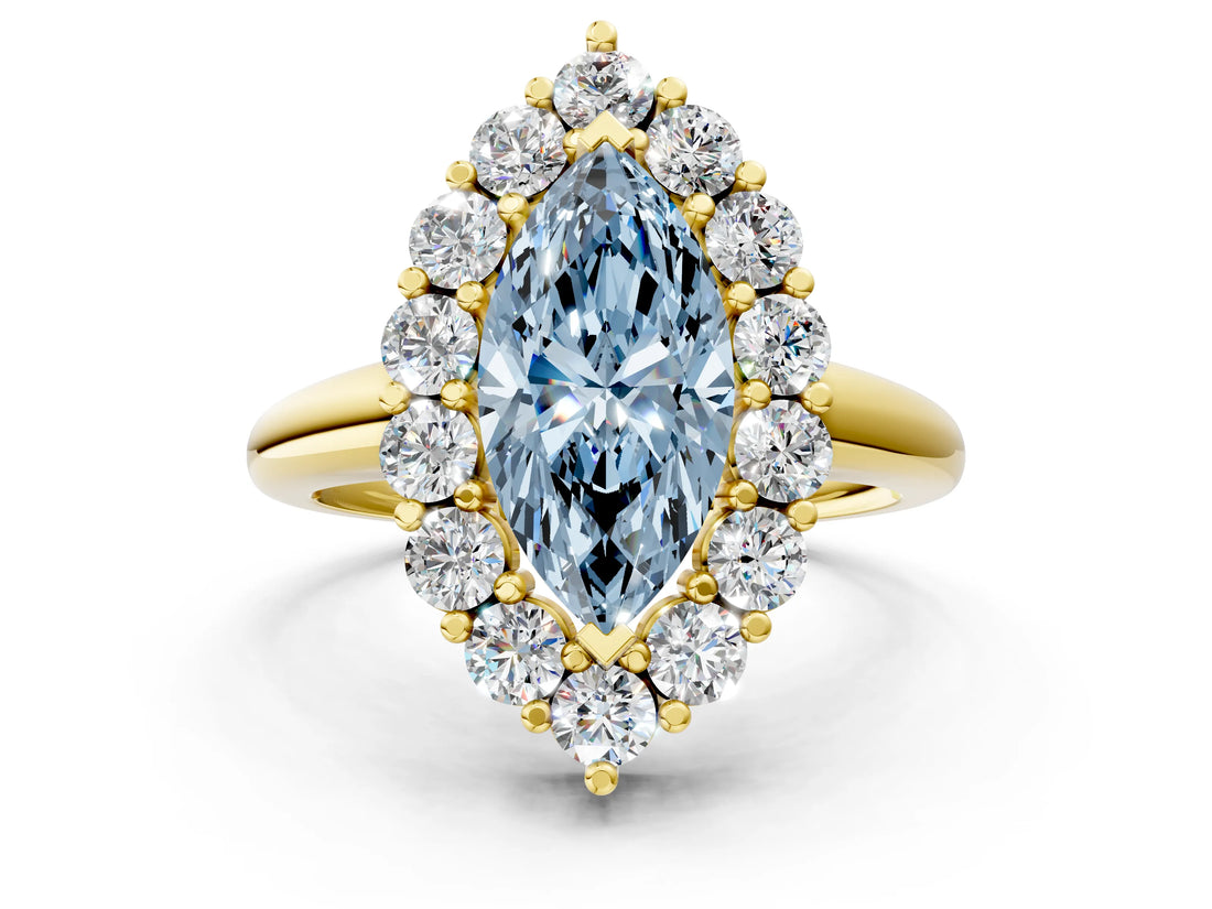 Yellow gold Fancy Blue Marquise  Halo Cluster Diamond Engagement Ring with Prong Setting and Polished Band_81
