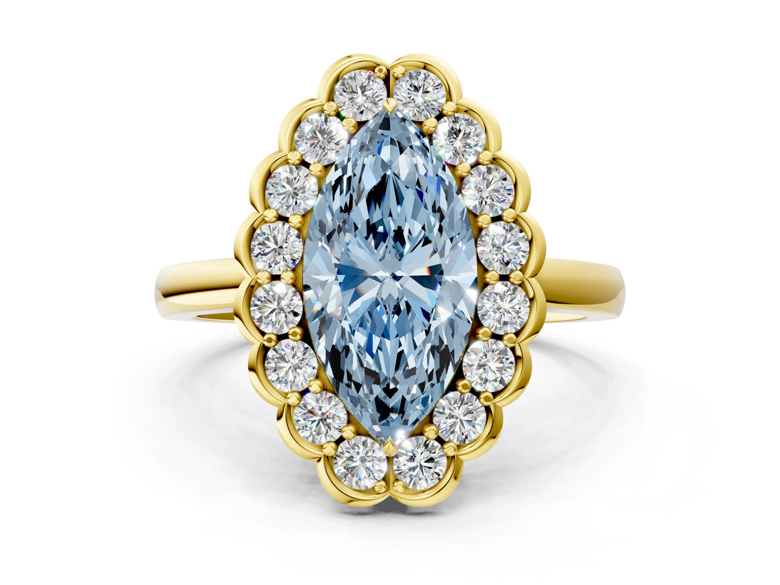 Yellow gold Fancy Blue Marquise  Halo Cluster Diamond Engagement Ring with Solitaire Band and Prong Setting_49