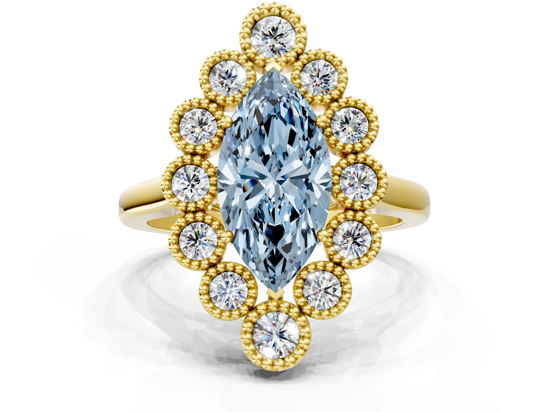 Yellow gold Fancy Blue Marquise  Halo Diamond Cluster Engagement Ring with Milgrain Bezel Setting and Solitaire Band_26