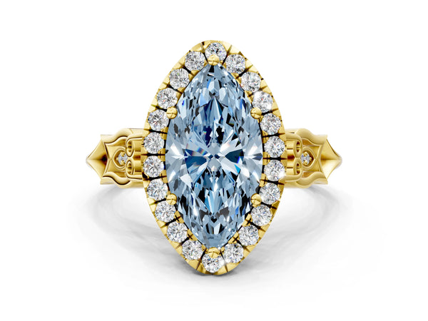Yellow gold Fancy Blue Marquise  Halo Diamond Engagement Ring with Filigree Band and Four-Prong Setting