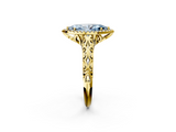 Yellow gold Fancy Blue Marquise  Halo Diamond Engagement Ring with Intricate Filigree Band and Four-Prong Setting_74
